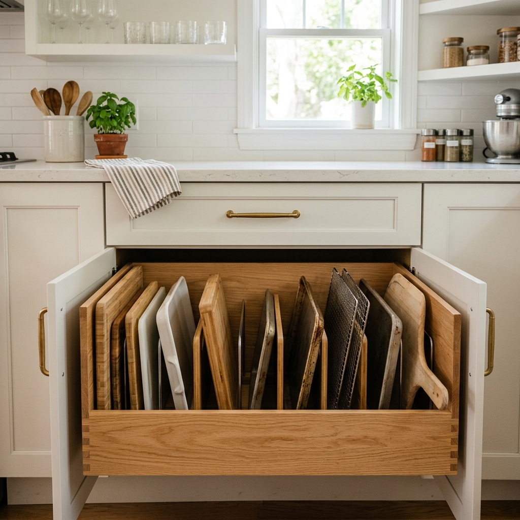 16 Kitchen Storage Ideas That Will Make Your Tiny Kitchen Feel Weirdly Expensive 9 Vertical Tray Organizers