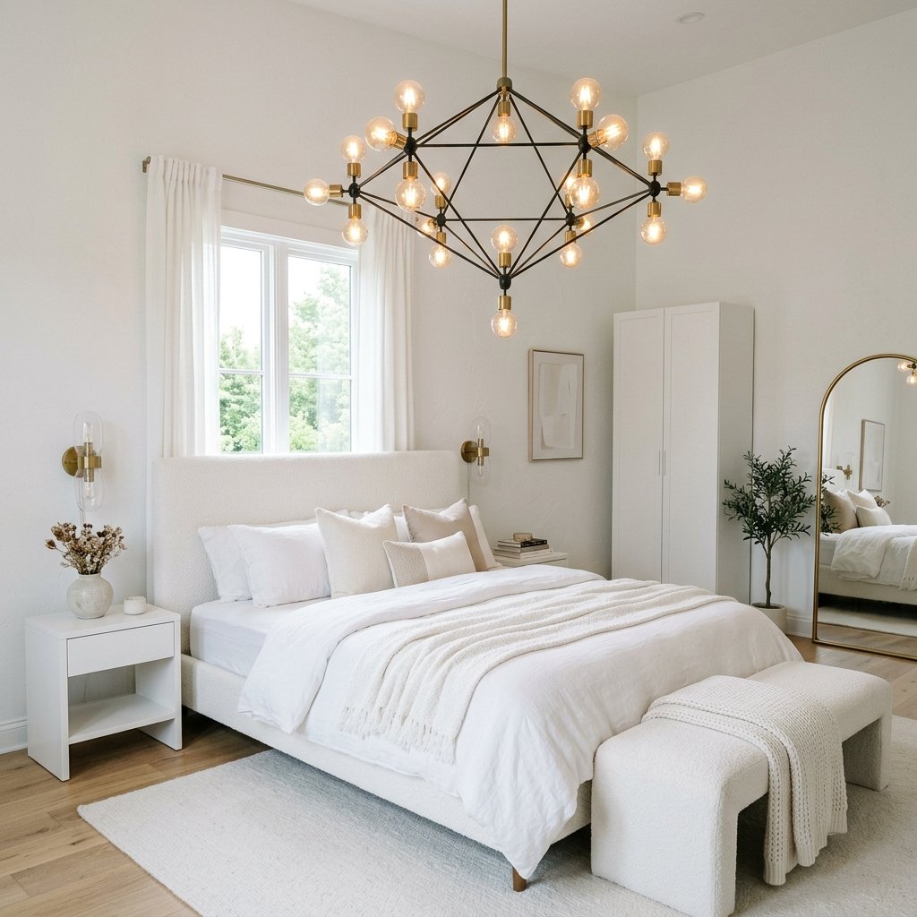 18 White Bedroom Ideas That Look Straight Out of a Pinterest Dream 10 White Bedroom With Statement Lighting