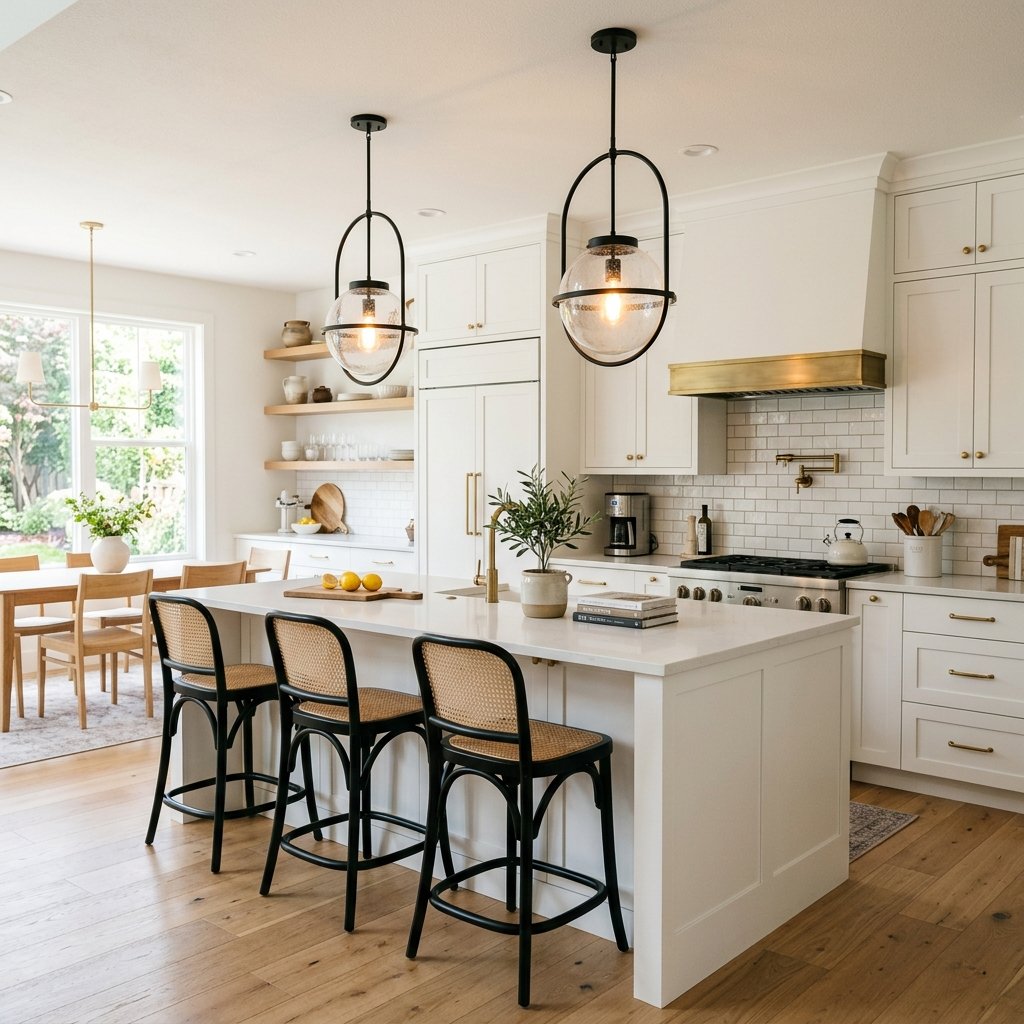 17 White Kitchen Ideas That Look Expensive Without Trying Too Hard 10 White Kitchen With Statement Lighting