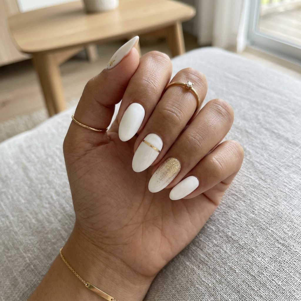 17 White Summer Nails That Scream “Clean Girl Energy” (And Honestly Go With Everything) 6 White Nails with Gold Accents