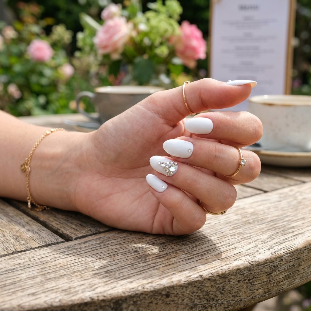 17 White Summer Nails That Scream “Clean Girl Energy” (And Honestly Go With Everything) 11 White Nails with Rhinestones