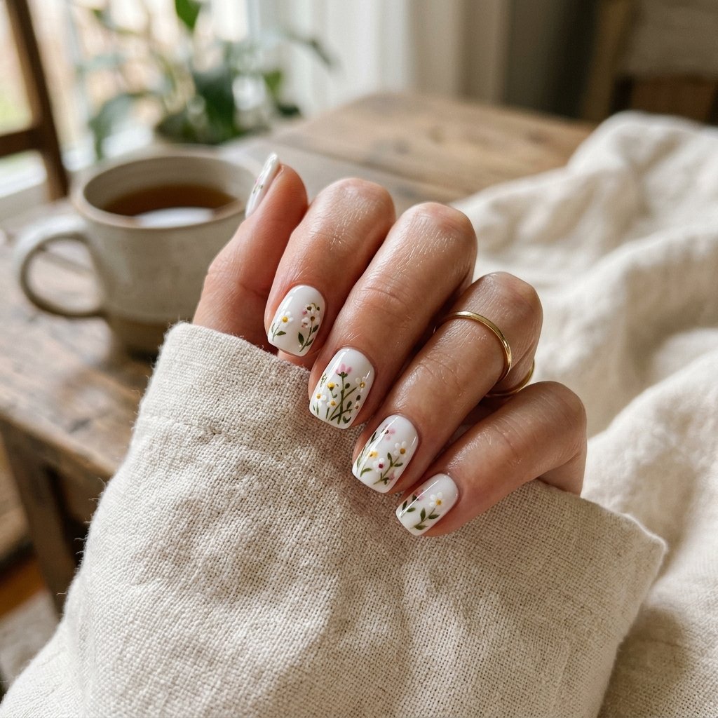 17 White Summer Nails That Scream “Clean Girl Energy” (And Honestly Go With Everything) 9 White Nails with Tiny Florals