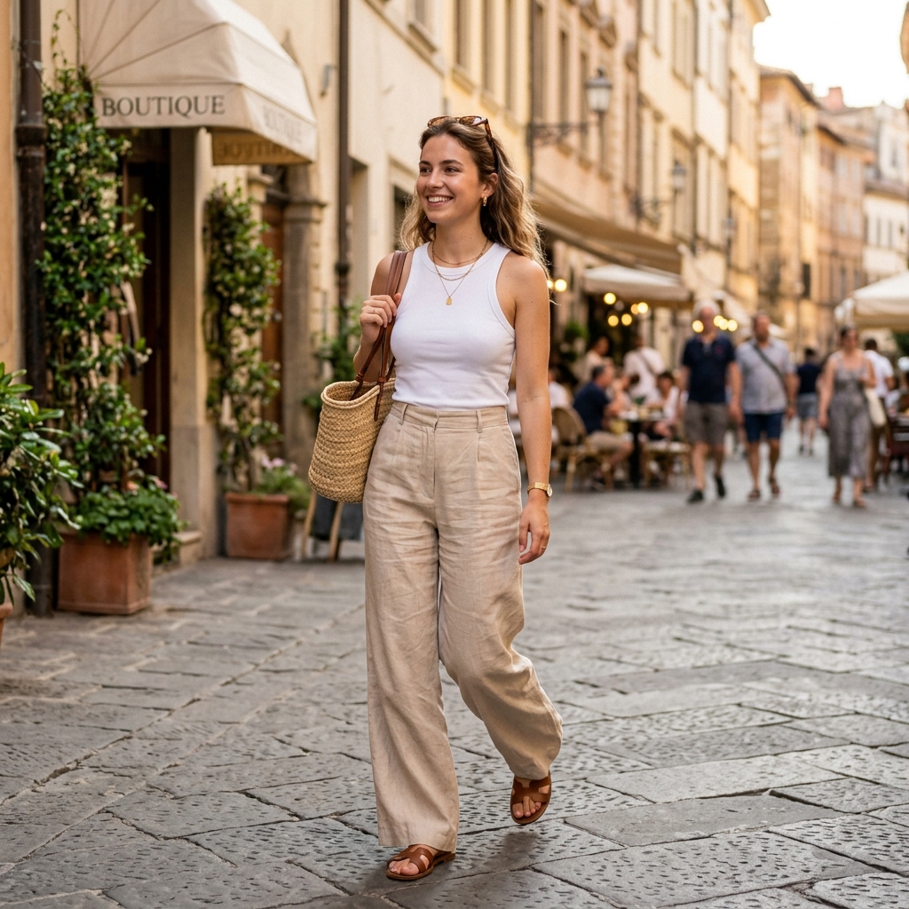 16 Summer Outfit Ideas That Make Getting Dressed Way Too Easy in 2026 3 White Tank Top Wide Leg Trousers