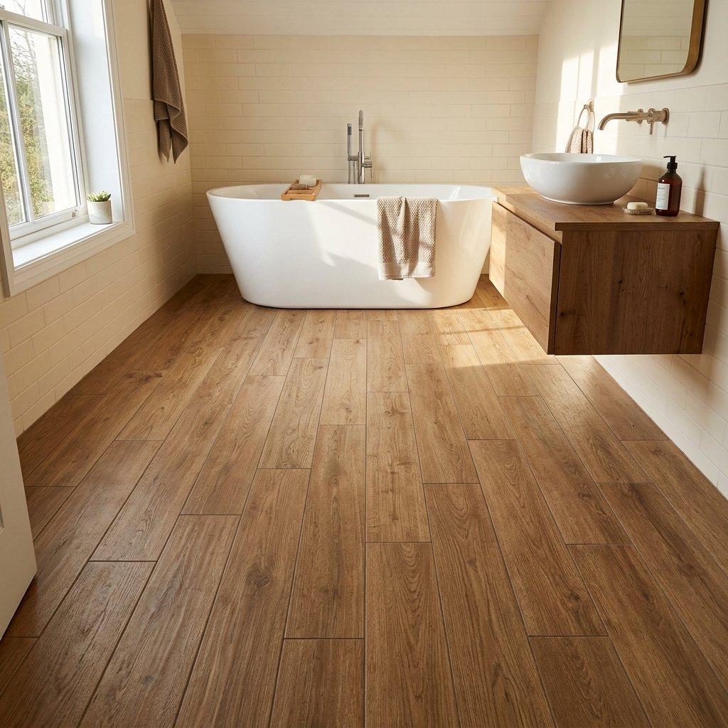 17 Bathroom Flooring Ideas That Instantly Make Your Space Look Expensive (Without the Celebrity Budget) 4 Wood Look Porcelain Tile