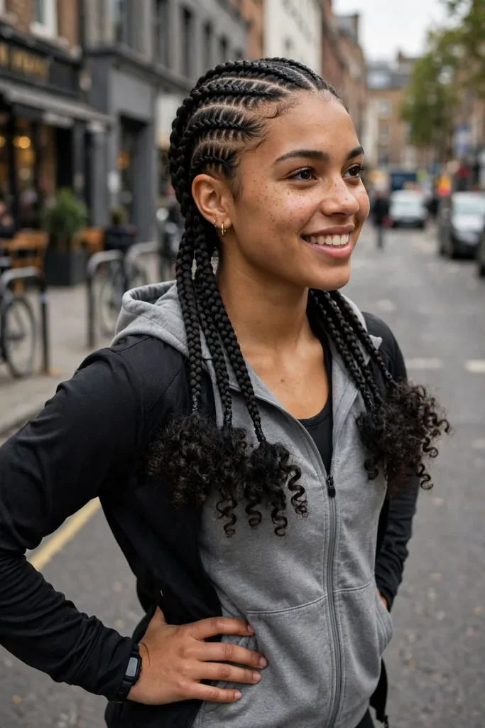 16 Curly Braided Hairstyles, Overheard During One Day at a Braiding Salon 5 braided 04 cornrows curly puffs
