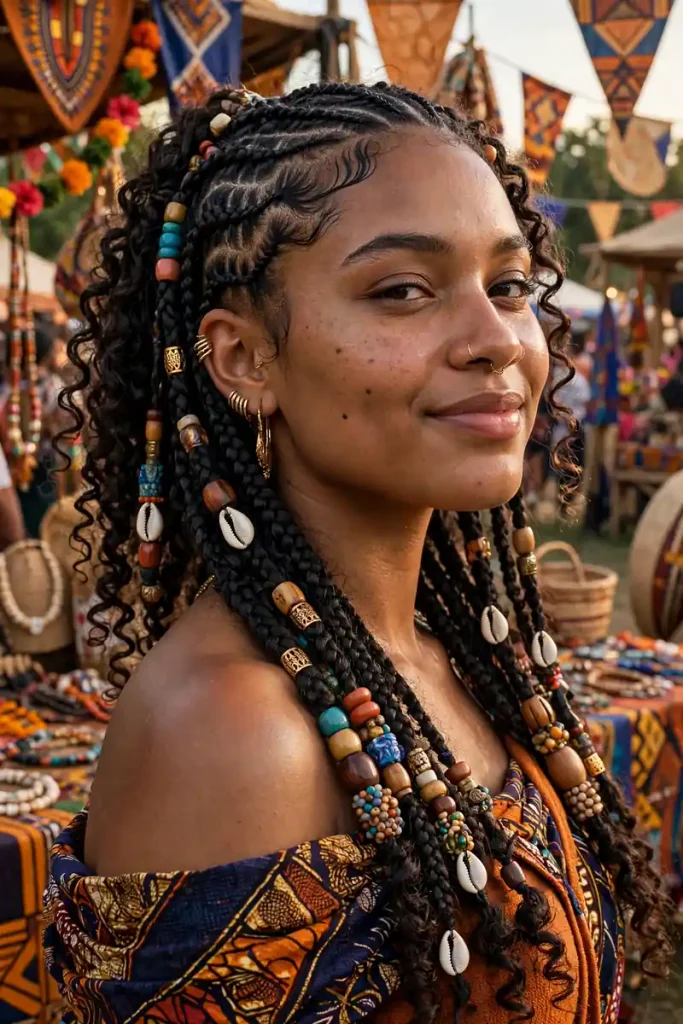 16 Curly Braided Hairstyles, Overheard During One Day at a Braiding Salon 9 braided 08 fulani braids beads
