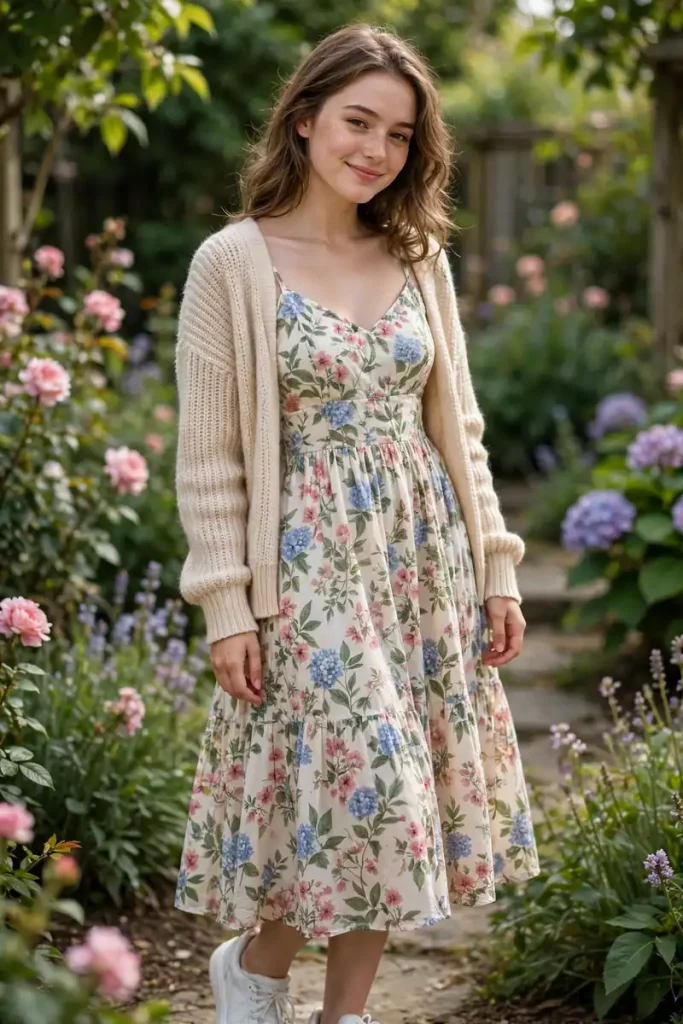 cut 01 floral sundress cardigan sneakers