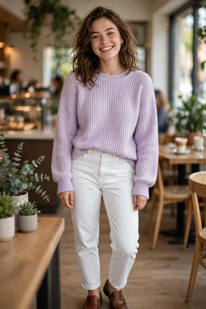 cut 02 pastel sweater white jeans loafers