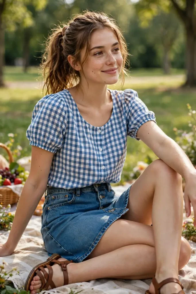 cut 03 gingham top denim skirt sandals
