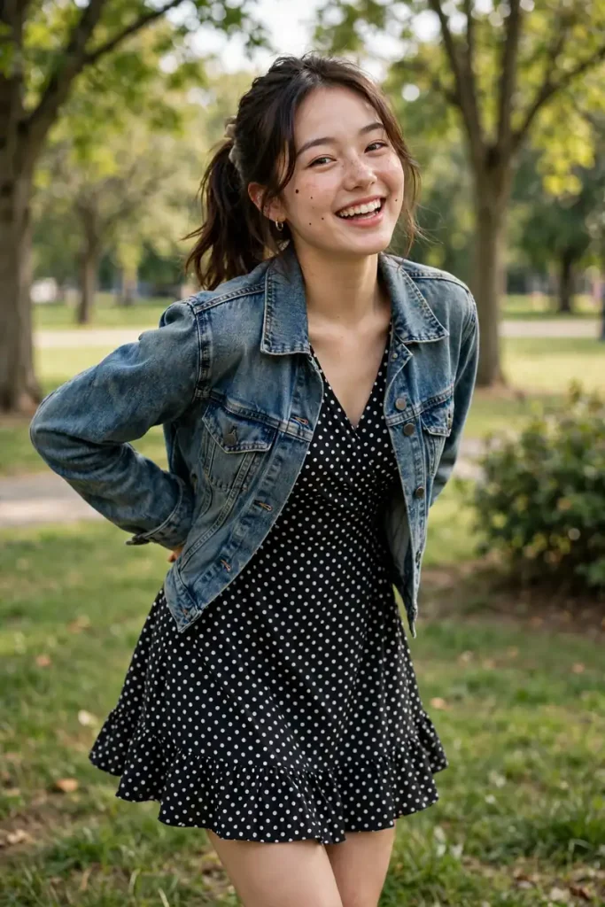 cut 05 polka dot dress denim jacket