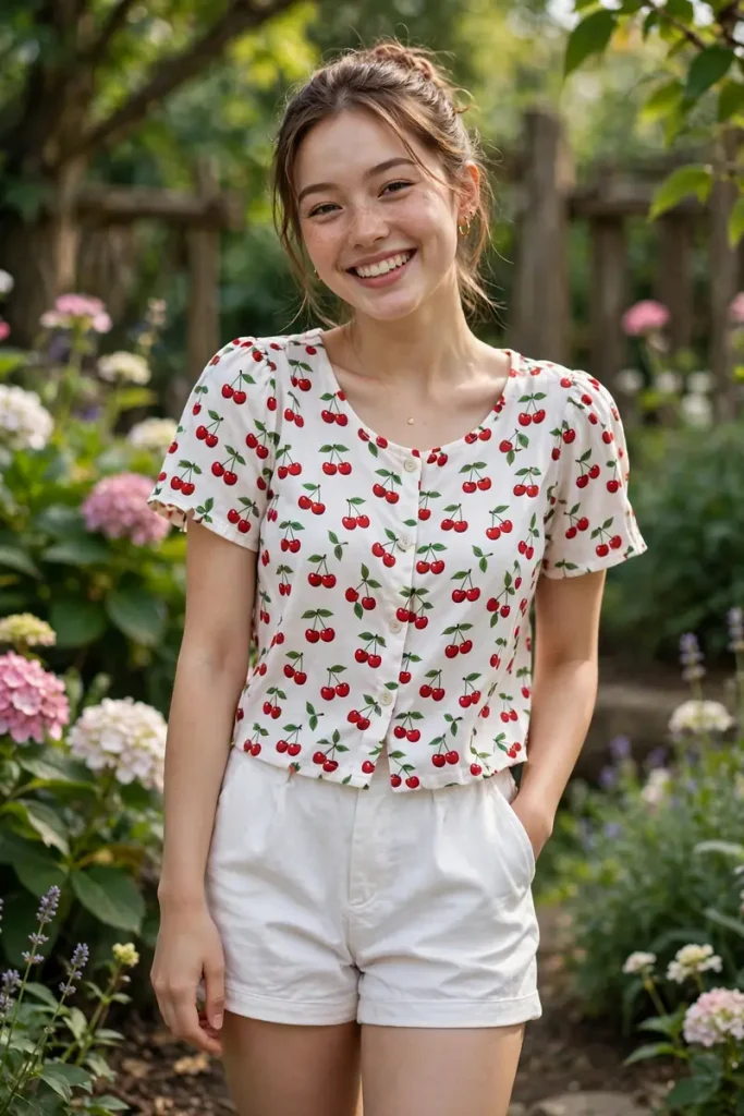 cut 06 cherry print top white shorts