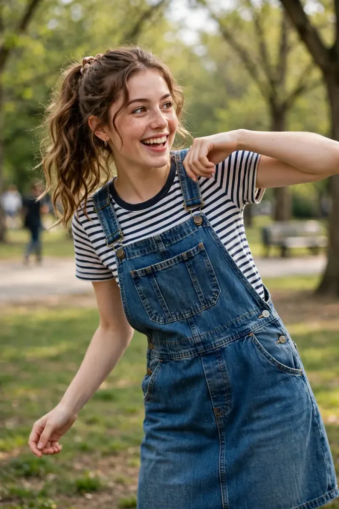 cut 14 denim overall dress striped tee