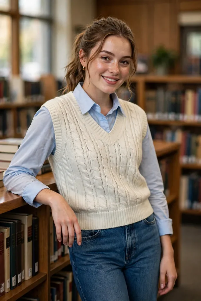 17 School Outfit Ideas (That Aren't Boring) 4 sch 03 sweater vest collared shirt jeans