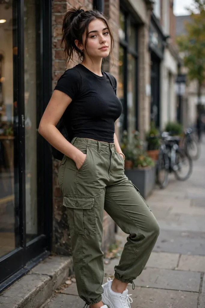 17 School Outfit Ideas (That Aren't Boring) 5 sch 04 cargo pants fitted top sneakers