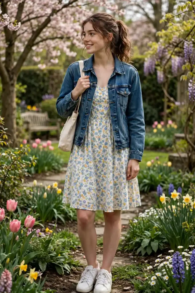 17 School Outfit Ideas (That Aren't Boring) 9 sch 08 denim jacket sundress sneakers
