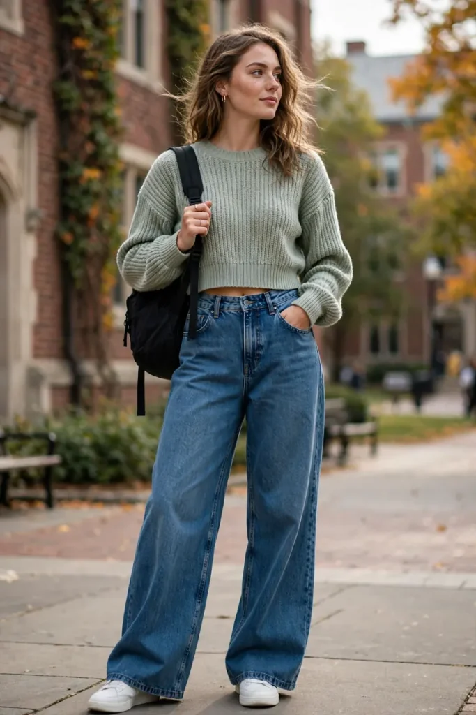 17 School Outfit Ideas (That Aren't Boring) 10 sch 09 wide leg jeans cropped sweater