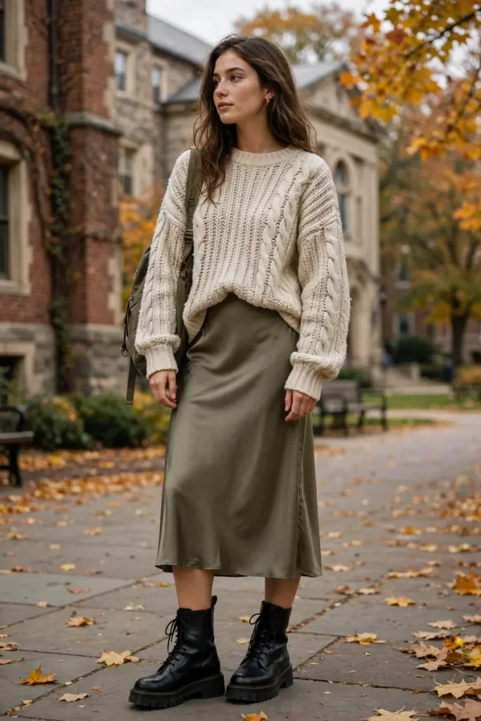 17 School Outfit Ideas (That Aren't Boring) 14 sch 13 slip skirt chunky sweater boots