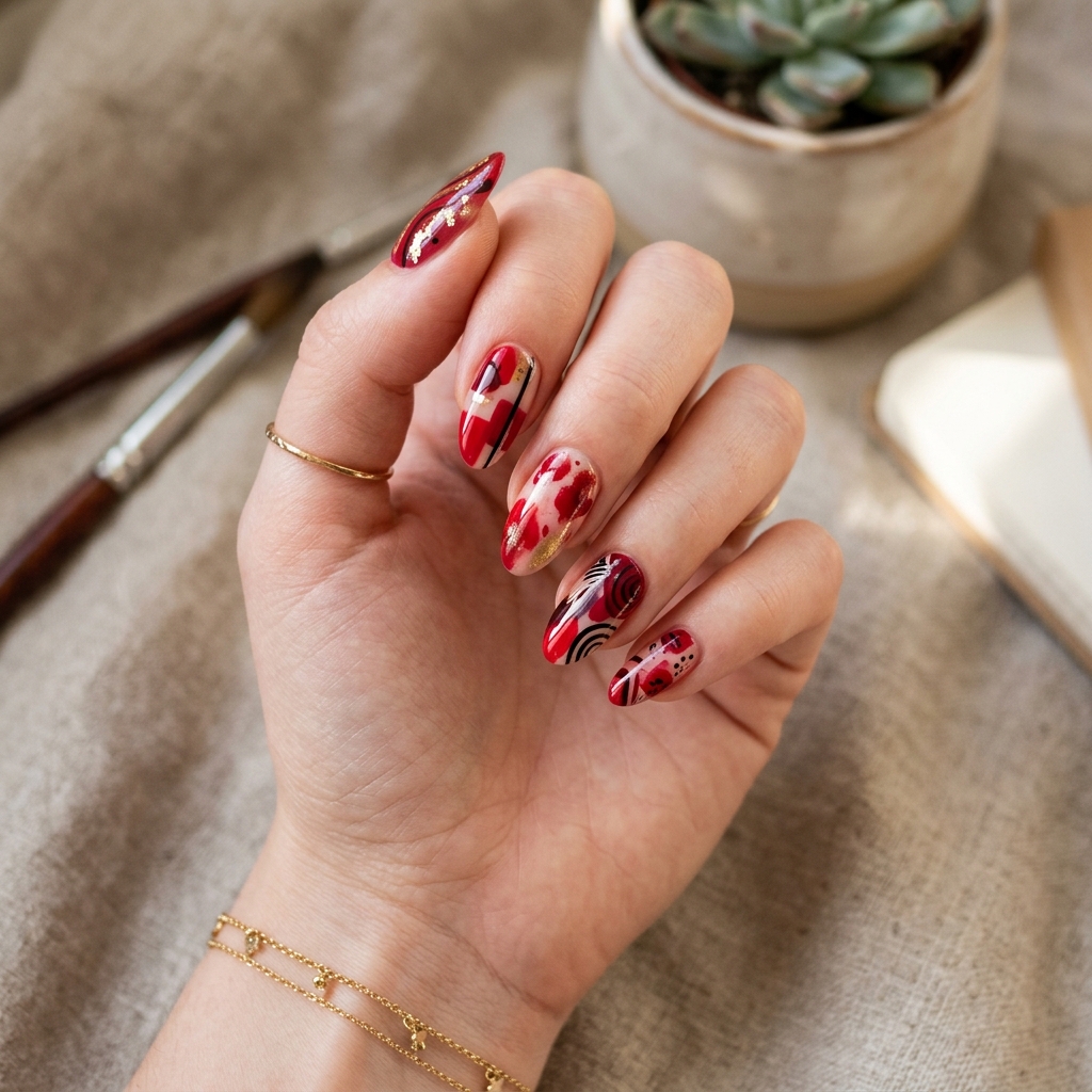 18 Red Summer Nails Ideas That Will Instantly Upgrade Your Hot-Girl Vibe 13 Abstract Red Nail Art