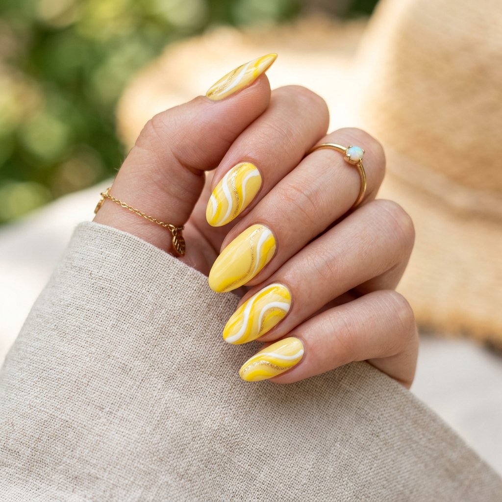 17 Yellow Summer Nails Ideas That Will Instantly Make Your Hands Look Expensive (Yes, Really) 9 Abstract Yellow Swirls nails