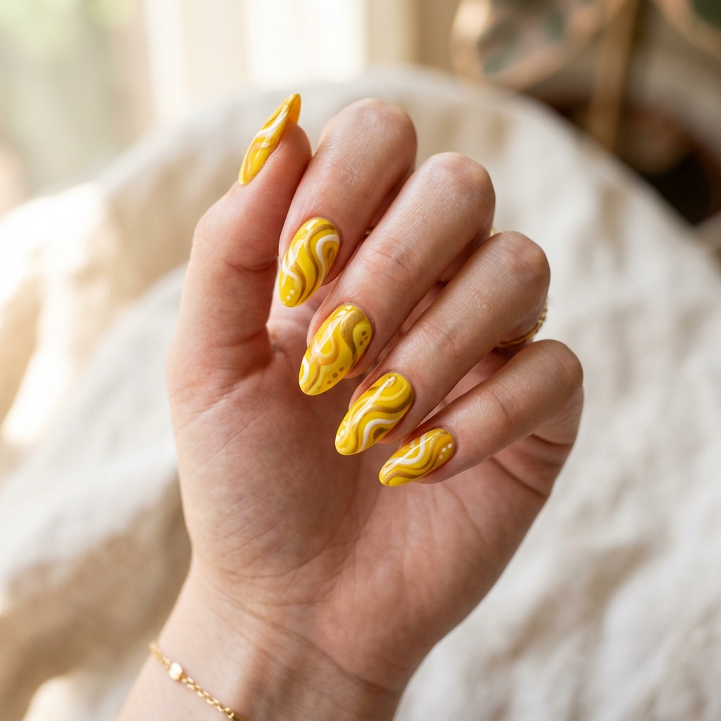 17 Yellow Summer Nails Ideas That Will Instantly Make Your Hands Look Expensive (Yes, Really) 9 Abstract Yellow Swirls