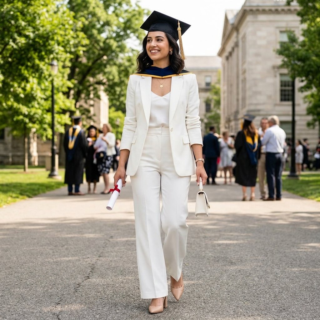16 Graduation Outfit Ideas That’ll Have You Looking Expensive in Every Cap-and-Gown Photo 14 All White Pantsuit