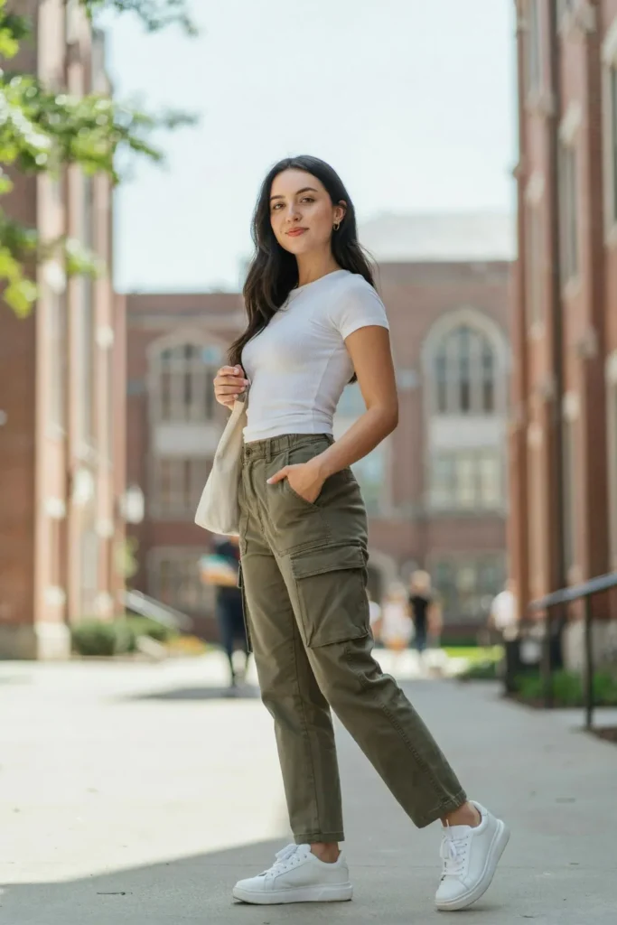 17 College Outfit Ideas That Look Effortless but Still Say “Yes, I Have My Life Together” 4 Baby Tee Cargo Pants