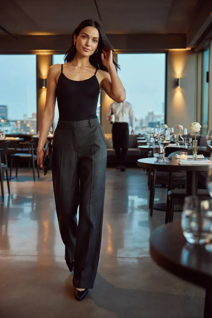 16 Dinner Outfit Ideas That Look Expensive, Feel Easy, and Save You From “I Have Nothing to Wear” Drama 4 Black Bodysuit Wide Leg Trousers