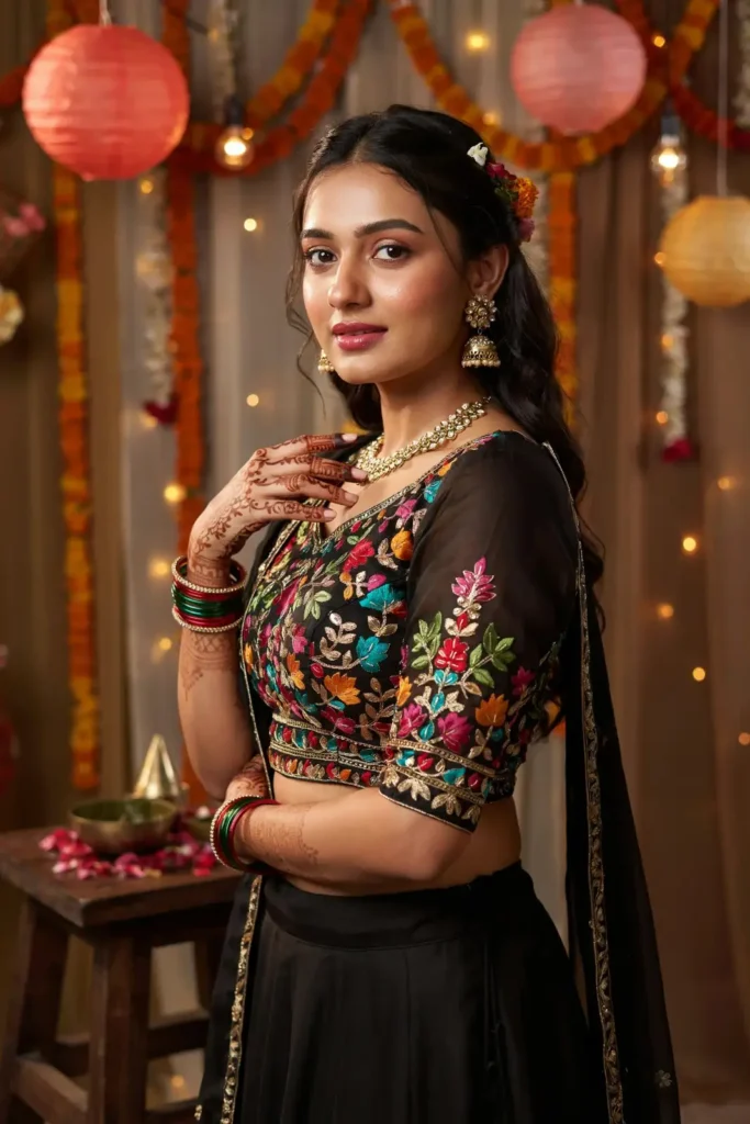 19 Mehndi Outfit Ideas That Bring Main Character Energy Without Trying Too Hard 10 Black Mehndi Outfit With Colorful Embroidery