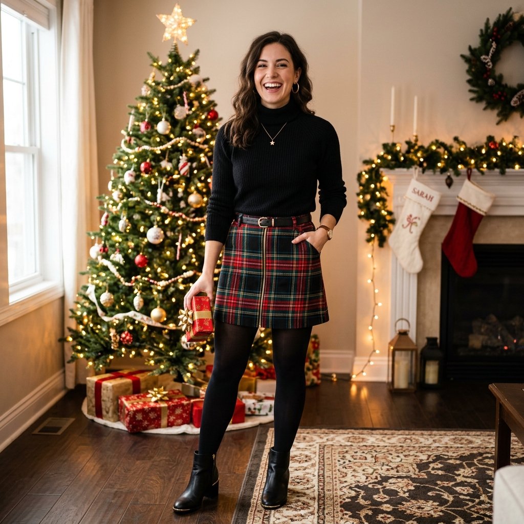 18 Christmas Outfit Ideas That’ll Have You Looking Festive Without Trying Too Hard 9 Black Turtleneck Plaid Mini Skirt