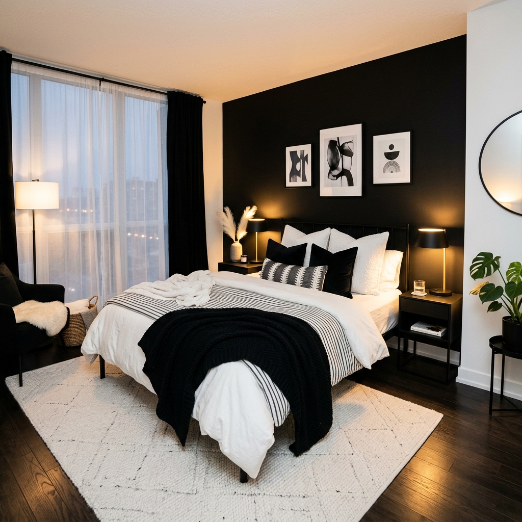 18 Black and White Bedroom Ideas That Look Straight Out of a Pinterest Dream 19 Black and White Bedroom With Soft Ambient Lighting