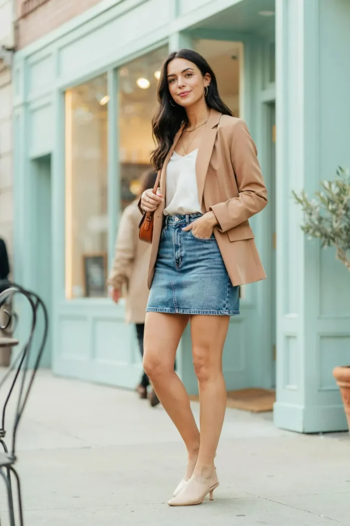 15 Denim Skirt Outfit Ideas That Look Effortless, Cute, and Totally Wearable Tomorrow 6 Blazer Denim Skirt