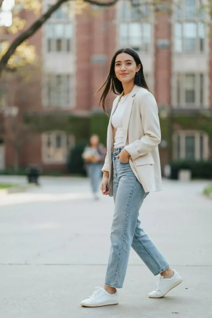 17 College Outfit Ideas That Look Effortless but Still Say “Yes, I Have My Life Together” 16 Blazer Tee Mom Jeans