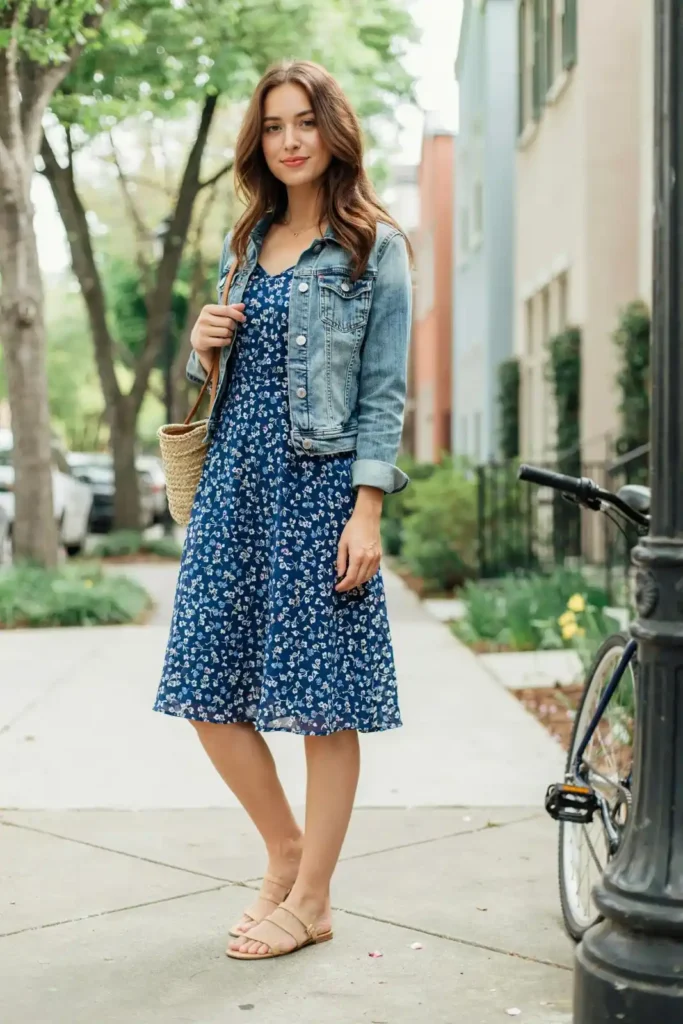 18 Blue Outfit Ideas That Make Getting Dressed Weirdly Easy 18 Blue Floral Dress Denim Jacket