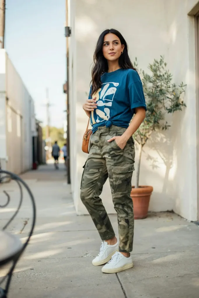 18 Blue Outfit Ideas That Make Getting Dressed Weirdly Easy 11 Blue Graphic Tee Cargo Pants