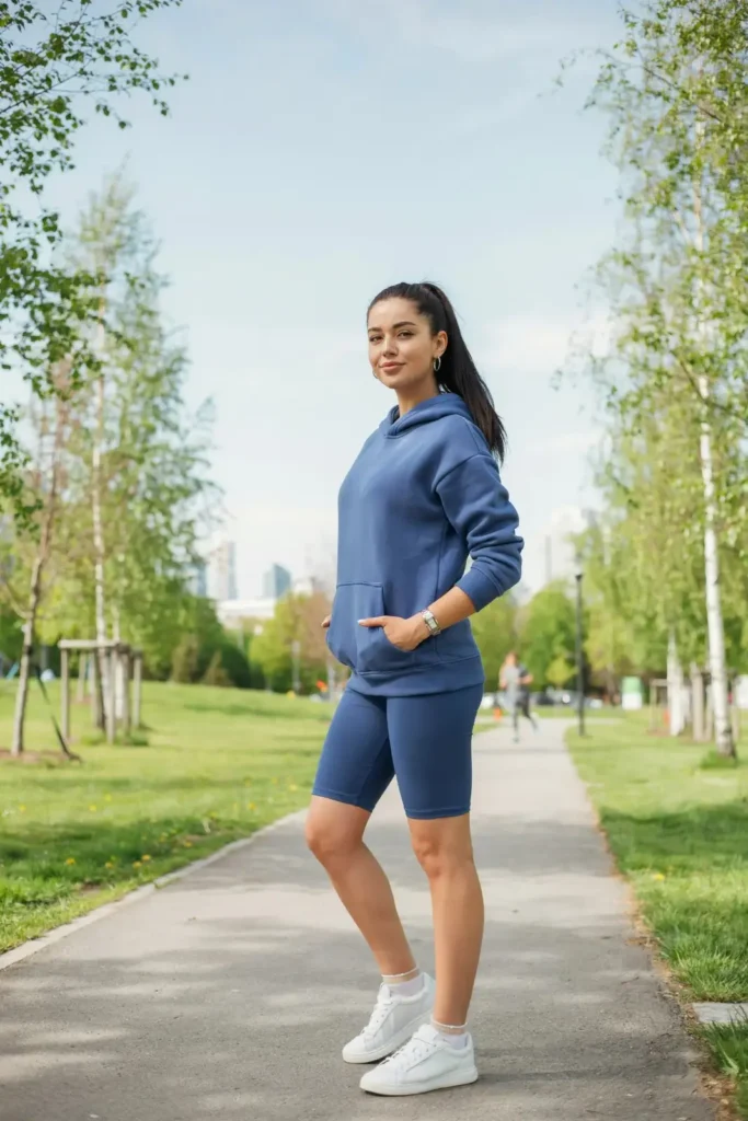 18 Blue Outfit Ideas That Make Getting Dressed Weirdly Easy 13 Blue Hoodie Biker Shorts