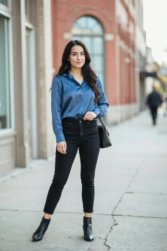 18 Blue Outfit Ideas That Make Getting Dressed Weirdly Easy 15 Blue Satin Shirt Black Jeans
