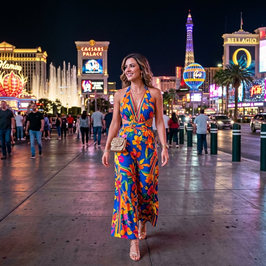 17 Vegas Outfit Ideas That Will Have You Looking Like the Main Character All Weekend 11 Bright Colored Jumpsuit