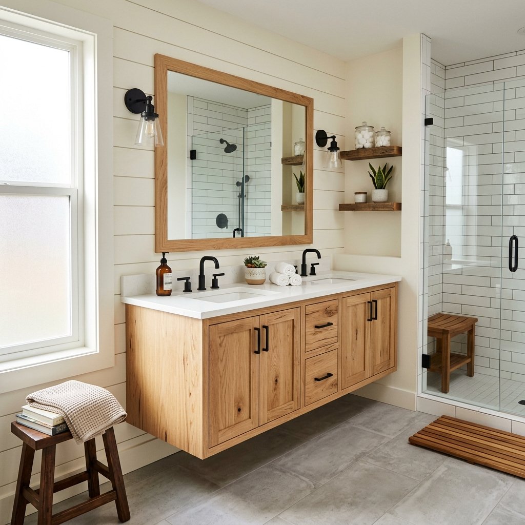 16 Bathroom Remodel Ideas That’ll Make Your Space Look Straight Out of a Luxury Spa 9 Bring in Natural Wood Accents