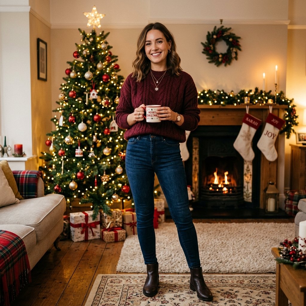 18 Christmas Outfit Ideas That’ll Have You Looking Festive Without Trying Too Hard 10 Burgundy Sweater Dark Wash Jeans