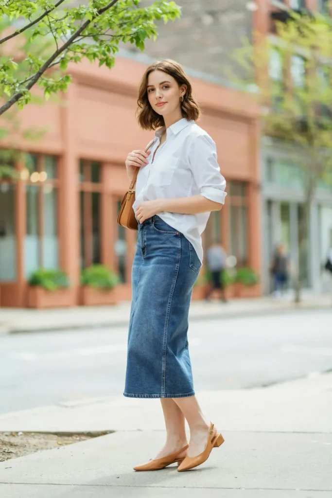 15 Denim Skirt Outfit Ideas That Look Effortless, Cute, and Totally Wearable Tomorrow 4 Button Down Shirt Midi Denim Skirt