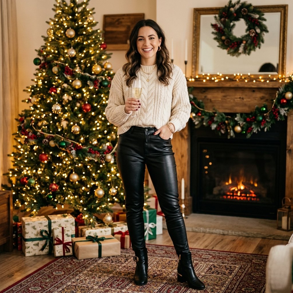 18 Christmas Outfit Ideas That’ll Have You Looking Festive Without Trying Too Hard 12 Cable Knit Sweater Faux Leather Pants