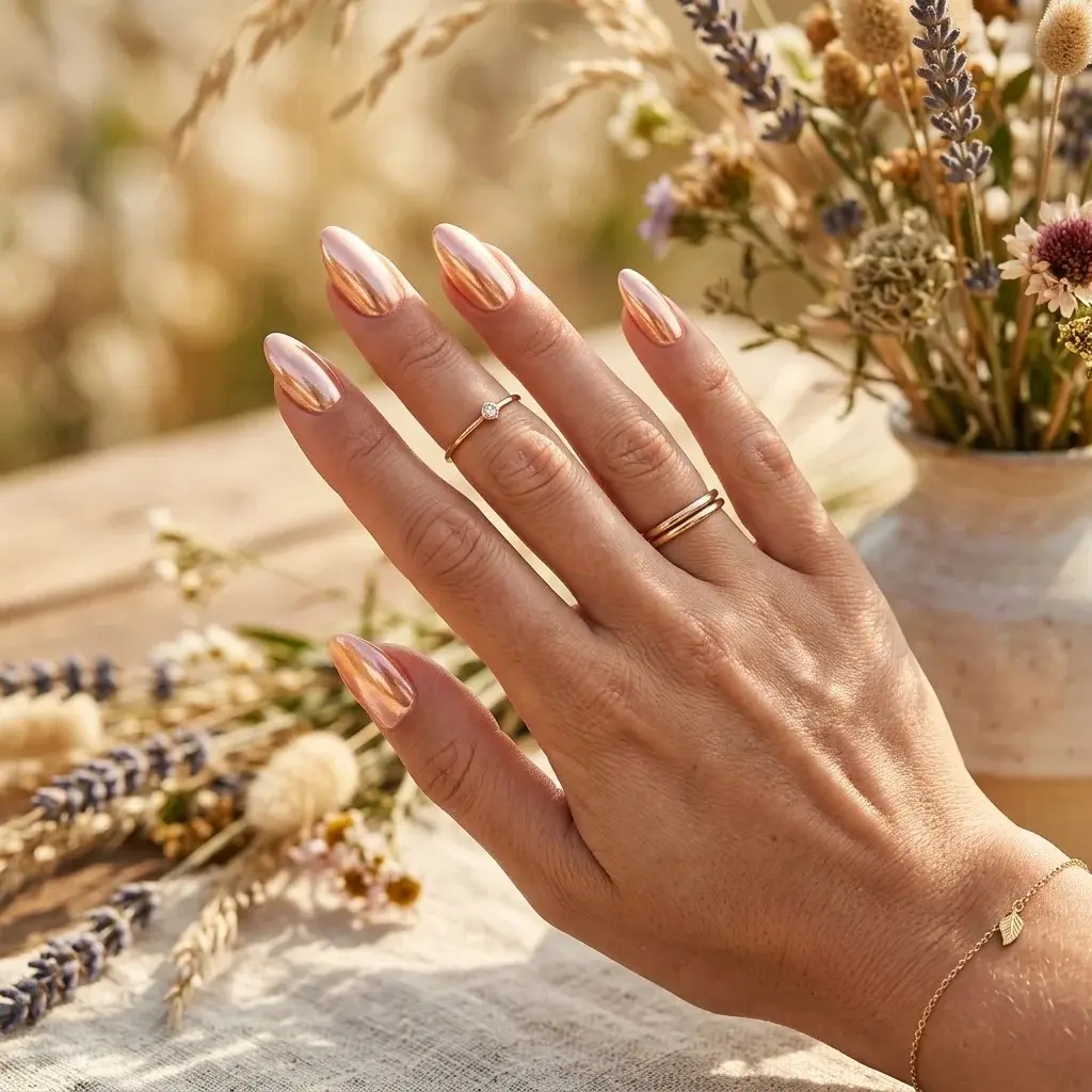 17 End of Summer Nails Ideas That Are So Chic, You’ll Forget Fall Is Coming 5 Chrome Peach Nails