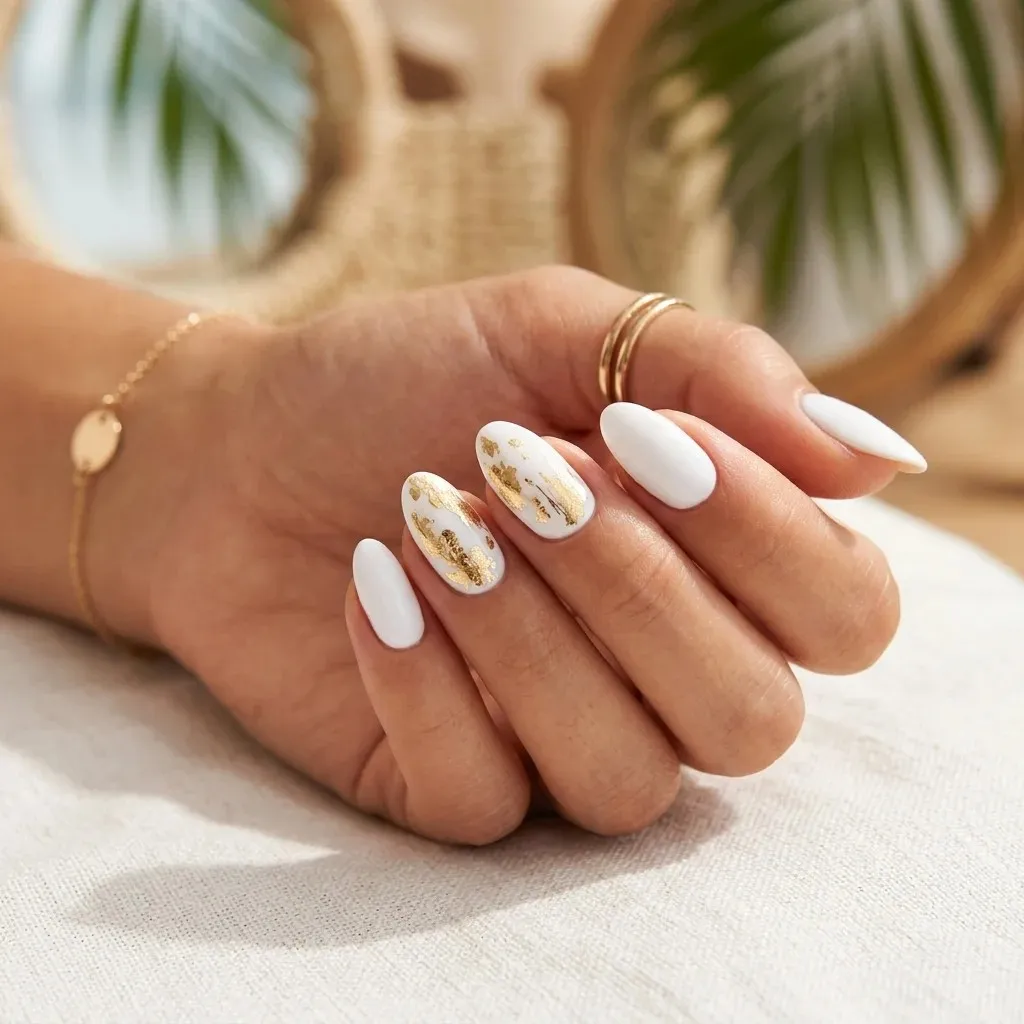 18 Summer Holiday Nails Ideas That’ll Make Your Hands the Main Character 3 Classic White with Gold Foil