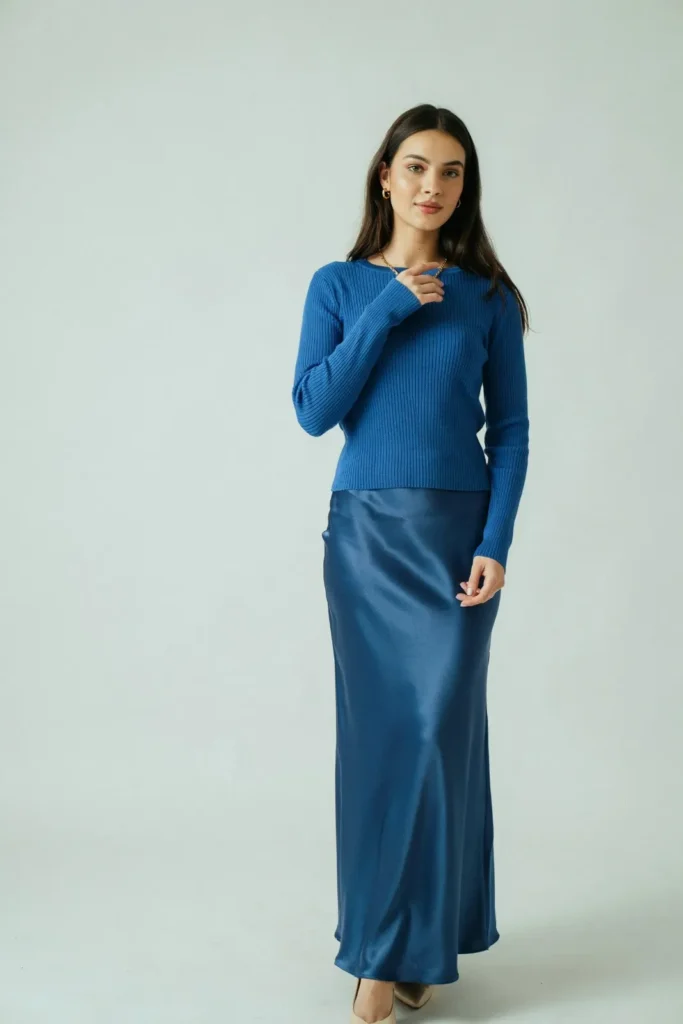 18 Blue Outfit Ideas That Make Getting Dressed Weirdly Easy 7 Cobalt Sweater Satin Skirt