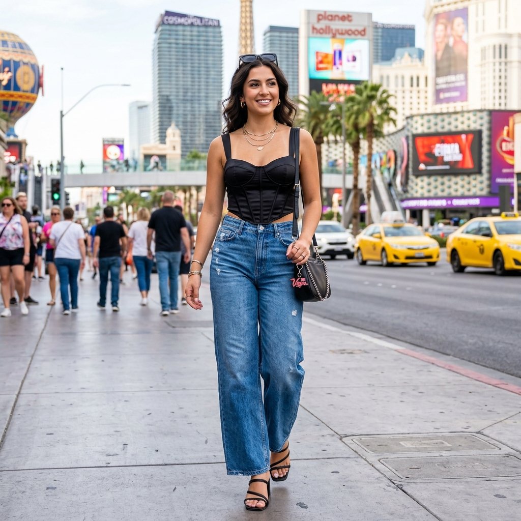 17 Vegas Outfit Ideas That Will Have You Looking Like the Main Character All Weekend 14 Corset Top Wide Leg Jeans