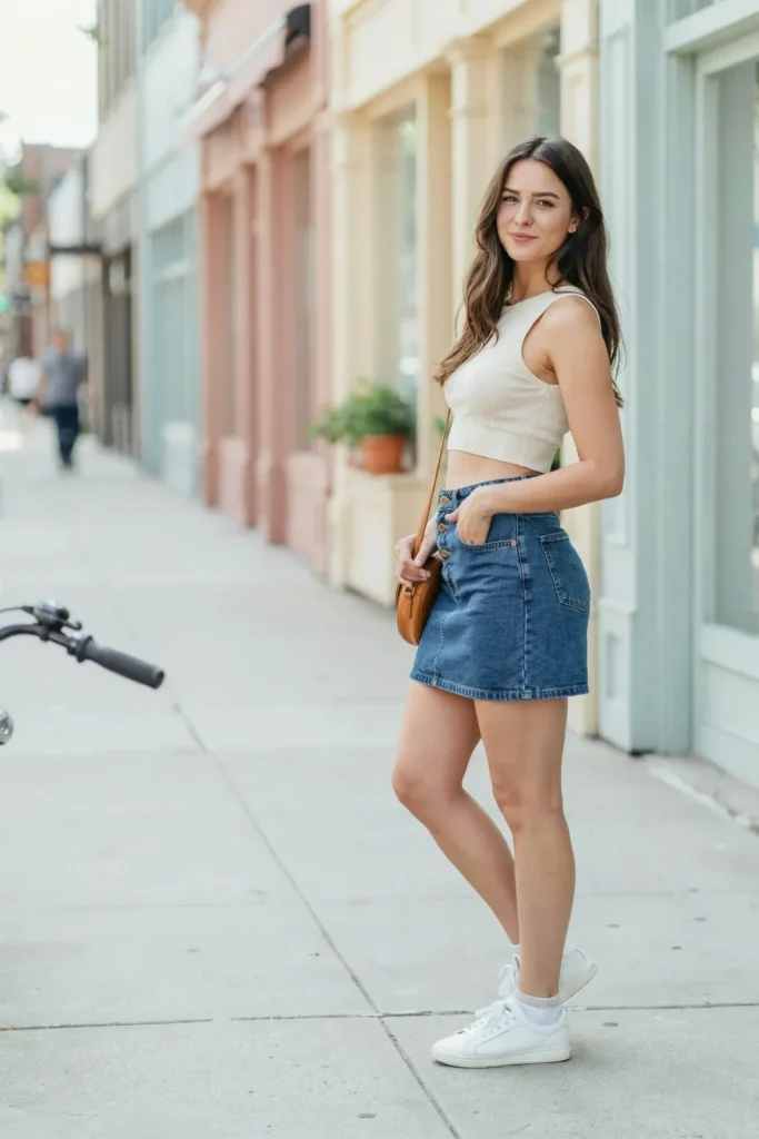 15 Denim Skirt Outfit Ideas That Look Effortless, Cute, and Totally Wearable Tomorrow 11 Crop Top High Waisted Denim Skirt