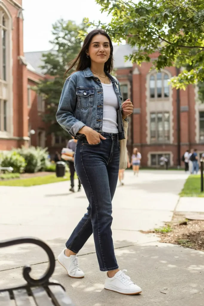 17 College Outfit Ideas That Look Effortless but Still Say “Yes, I Have My Life Together” 12 Cropped Jacket High Waisted Jeans