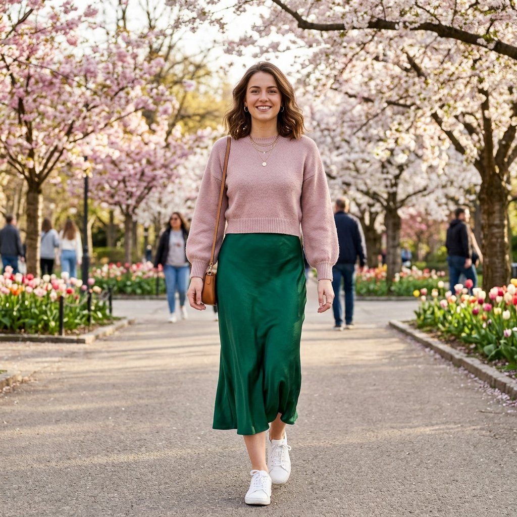 19 Spring Outfit Ideas That Make Getting Dressed Way More Fun 16 Cropped Sweater Satin Skirt