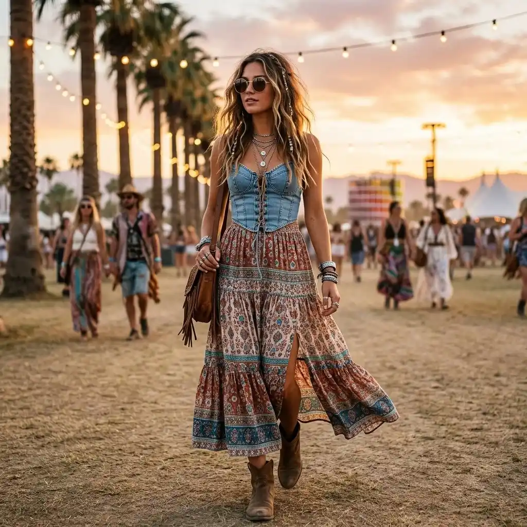 16 Coachella Outfit Ideas That Will Make You Look Like You Accidentally Became the Main Character 10 Denim Corset Maxi Skirt