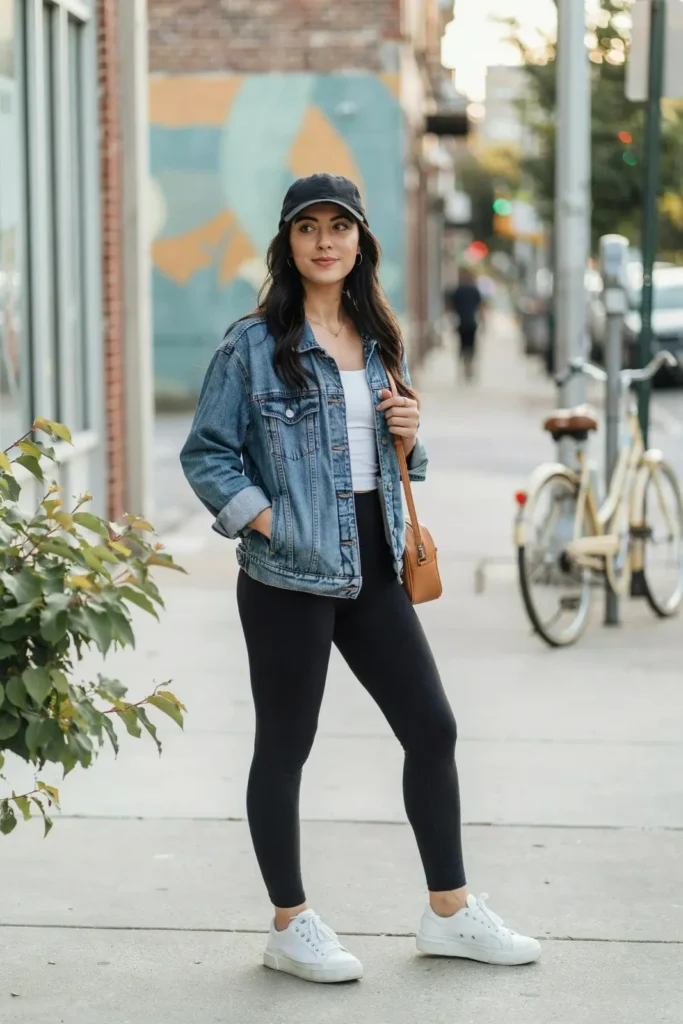 18 Casual Outfit Ideas That Look Effortless, Stylish, and Secretly Put-Together 5 Denim Jacket Black Leggings Baseball Cap